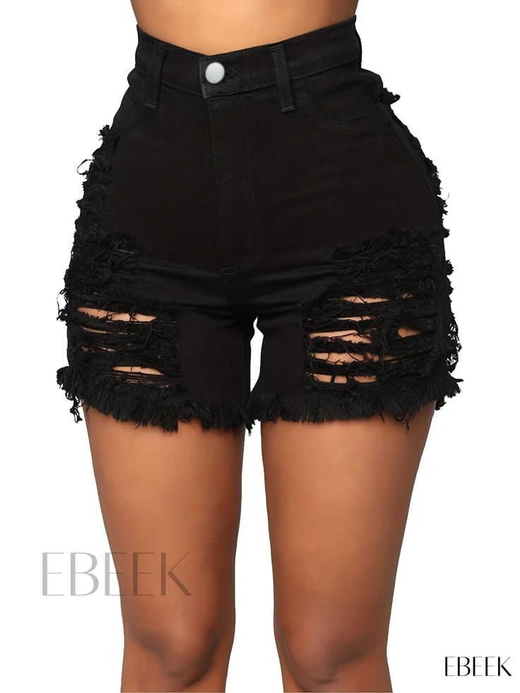 Ebeek - Frayed Trim Black Denim Shorts with Ripped Holes - High-Stretch Distressed Denim Shorts for Women Ripped Punk Bottoms For Night Out, Grunge Bottoms With Holes For Spring, Ripped Grunge Bottoms For Night Out, Grunge Ripped Bottoms For Night Out, Edgy Bottoms With Holes For Fall, High Rise Summer Bottoms With Holes, Trendy Distressed Jean Shorts For Fall, Grunge Bottoms With Holes For Fall, Edgy Short Jeans For Night Out