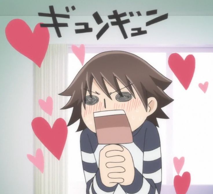 an anime character holding a cell phone in front of hearts