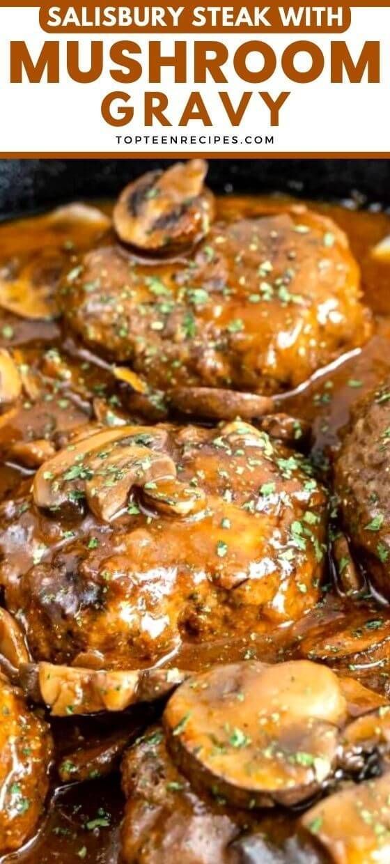 steak with mushrooms and gravy in a skillet