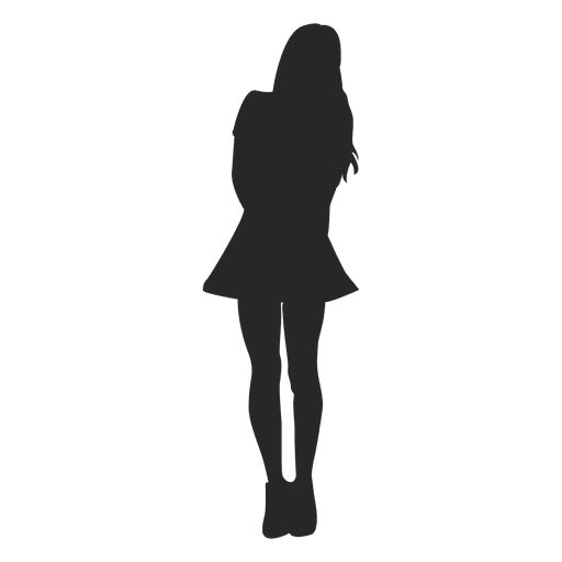 the silhouette of a woman with long hair in a short skirt and boots, standing against a white background