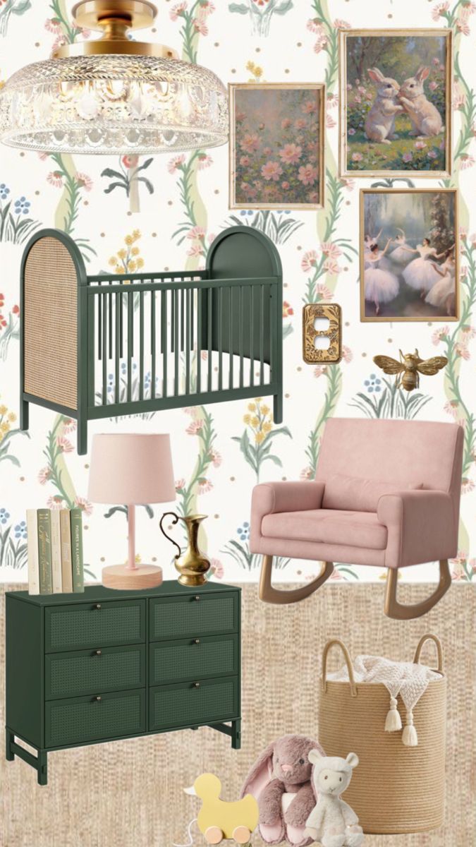 a baby's nursery room with pink and green furniture, wallpaper and pictures on the walls