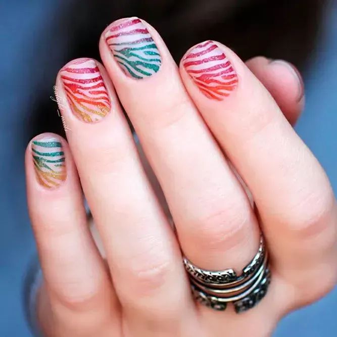 Colorful Zebra Print Nail Art Zebra Print Nail Art, Pattern Nails, Print Nail Art, Zebra Print Nails, Ombre Nails Glitter, Print Nails, Animal Print Nails, Zebra Pattern, Trendy Nail Art