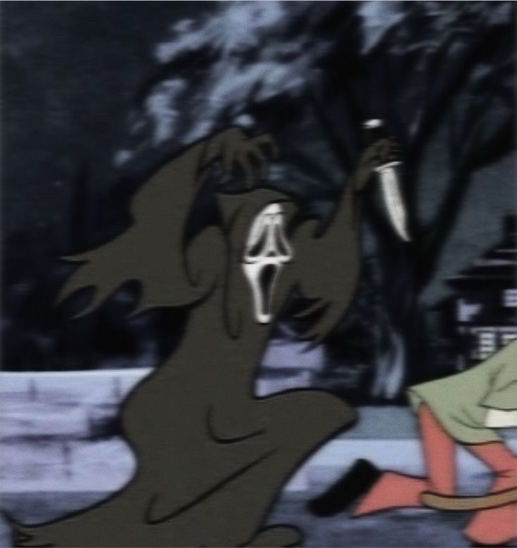 an animated image of a woman kneeling down next to a black dog with a knife in it's mouth