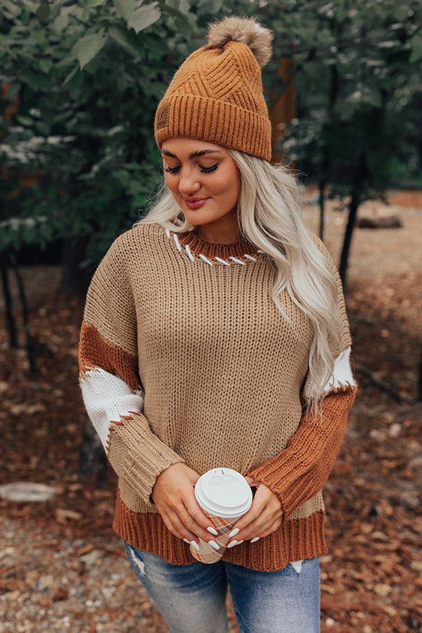 Brown Crew Neck Sweater For Fall, Brown Soft Knit Sweater For Fall, Fall Cream Sweater With Ribbed Cuffs, Cozy Brown Sweater For Layering, Beige Knit Sweater With Ribbed Cuffs, Brown Cozy Sweater For Layering, Trendy Brown Soft Knit Sweater, Winter Brown Textured Knit Tops, Winter Khaki Knit Sweater