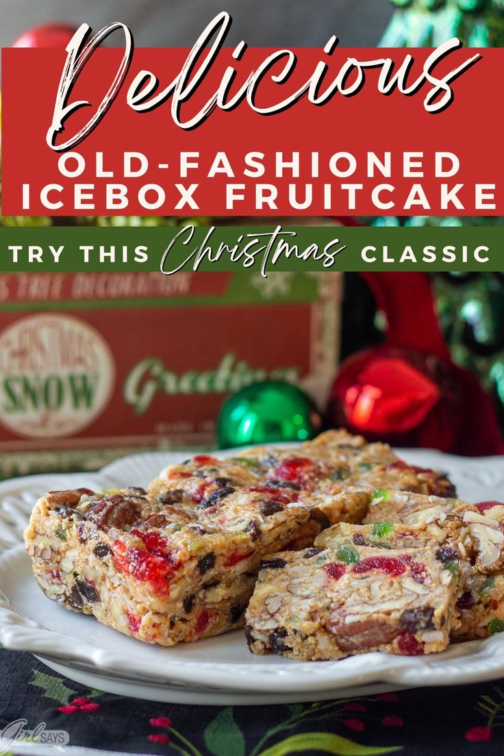 an old fashioned icebox fruitcake on a plate with christmas decorations in the background