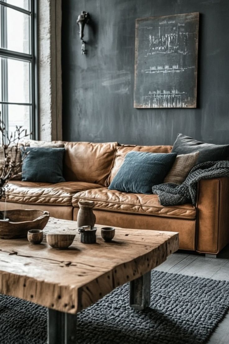 a living room filled with furniture and a wooden table in front of a large window