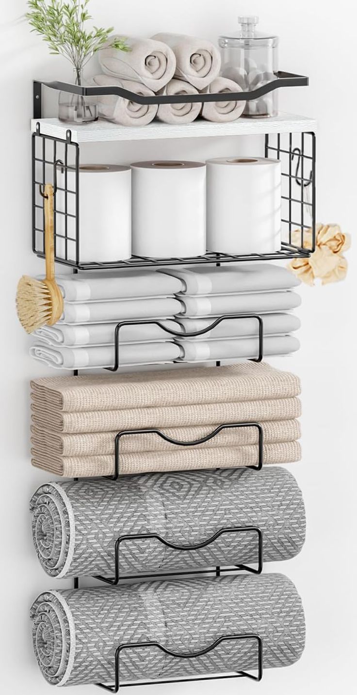 a rack with towels and other items on it