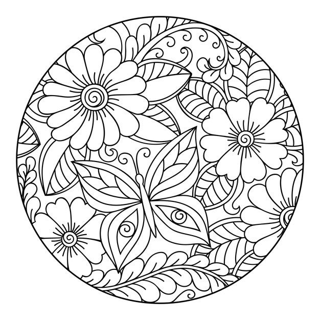 a circular coloring page with flowers in the center