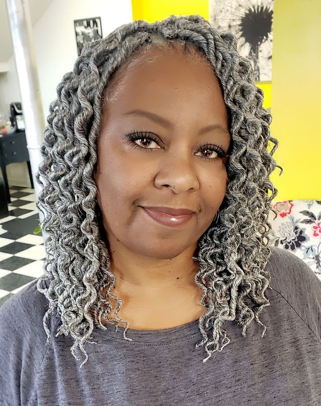 Grey Hair Braids Black Women, Grey Hair Braids, Curly Faux Locs Crochet, Hairstyles Images, Curly Faux Locs, Curly Crochet Hair, Crochet Faux Locs, Gray Hairstyles, Grey Curly Hair