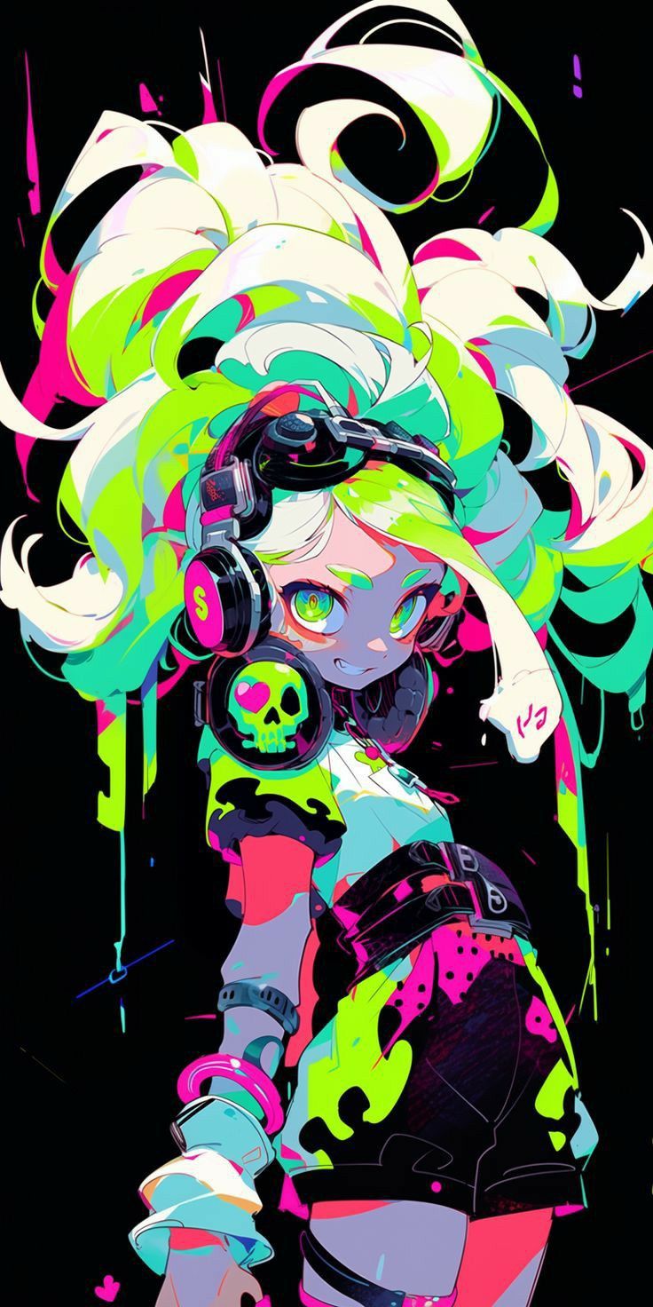 a woman with headphones and neon hair