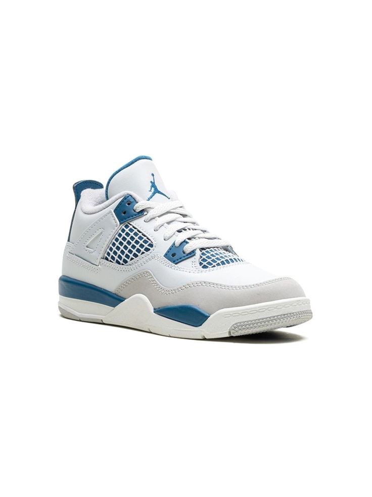 white/blue leather suede panelling signature Jumpman motif contrasting panel detail round toe front lace-up fastening pull-tab at the heel branded insole rubber sole These styles are supplied by a premium and authenticated sneaker marketplace. Stocking only the most sought-after footwear, they source and curate some of the most hard to find sneakers from around the world. Jordan 4 Military Blue, Dress With Jean Jacket, Baby Boy Accessories, Gucci Kids, Burberry Kids, Dolce And Gabbana Kids, Air Jordan 4, Kids Jordans, Boys Accessories