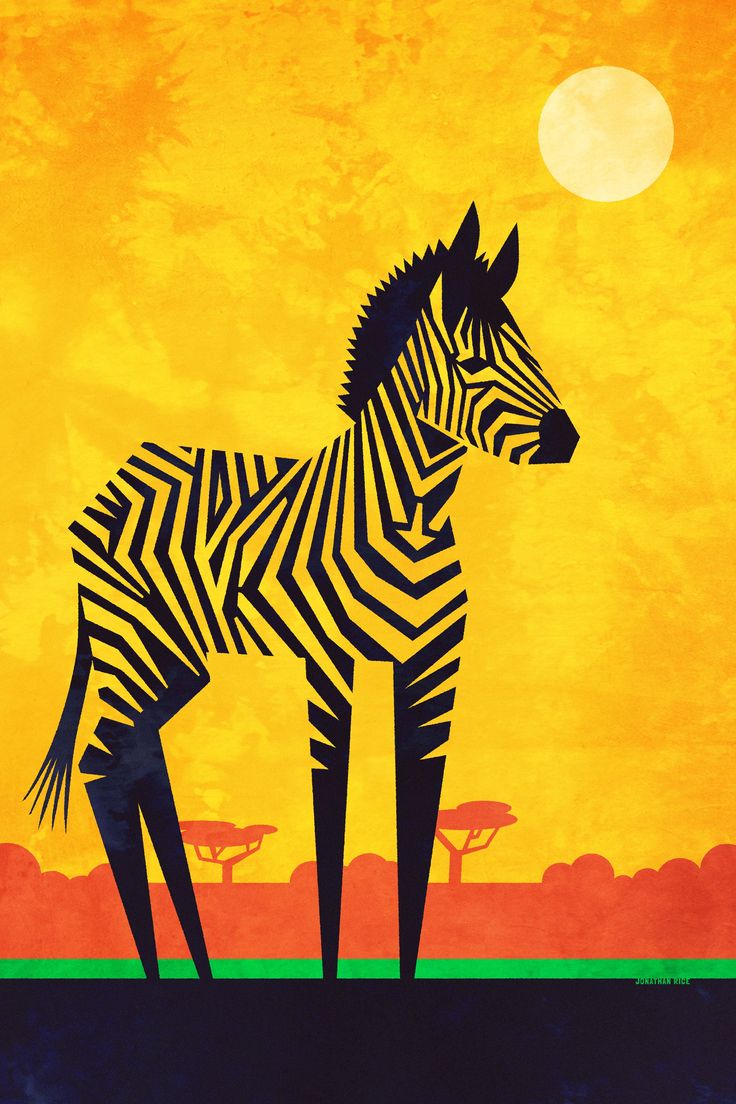 a painting of a zebra standing in front of an orange and yellow sky with trees