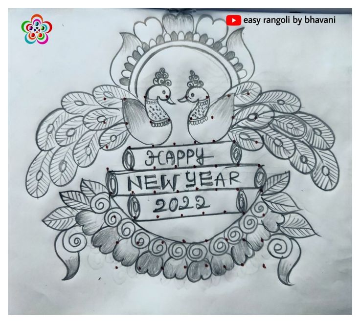 a drawing of two birds on top of a happy new year sign with leaves around it