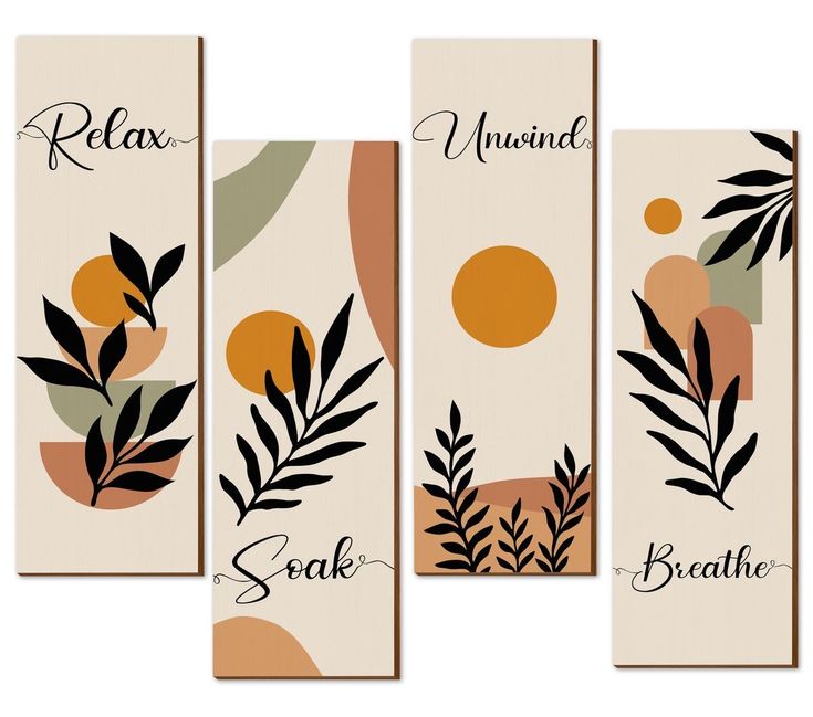 four wall hangings with different types of leaves and plants on them, each displaying the word relax