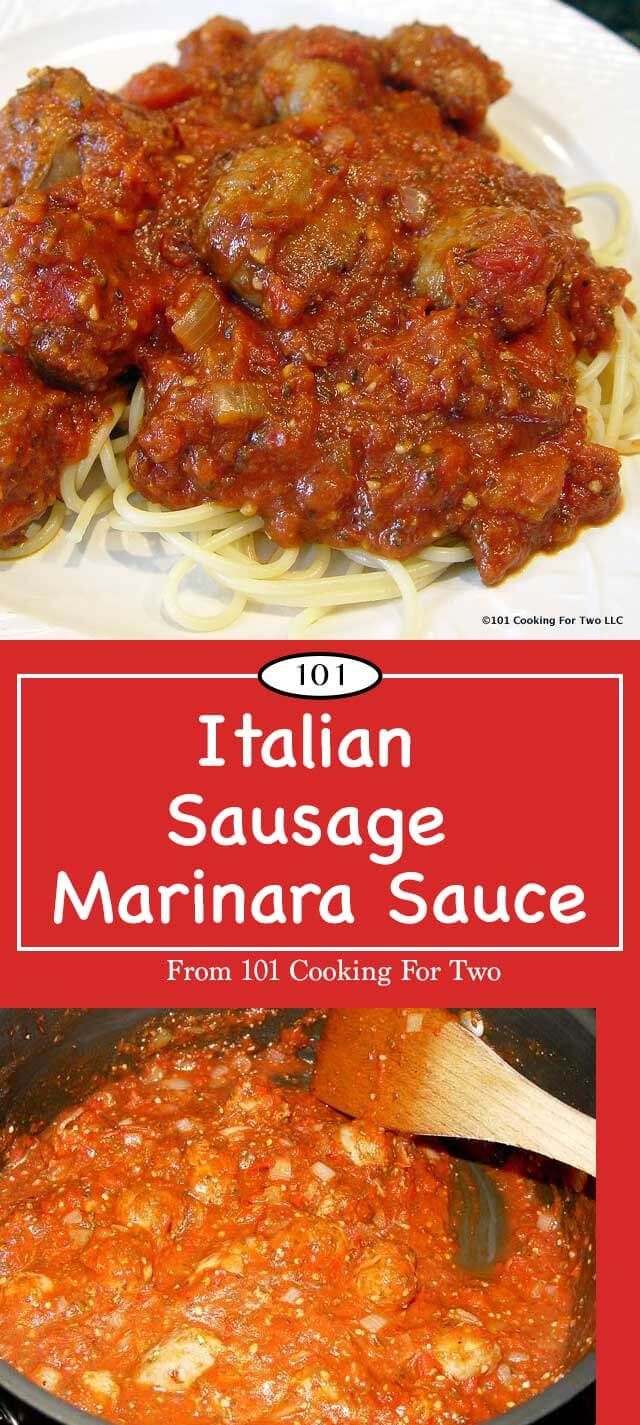 italian sausage marinara sauce in a skillet with the title overlaying it