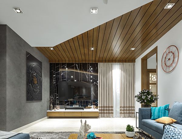 a living room filled with furniture and a wooden ceiling mounted to the side of a wall