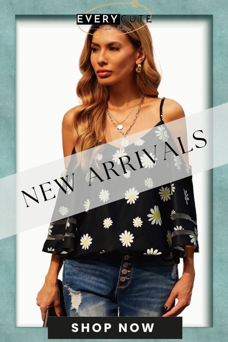 Daisy Floral Cold Shoulder Blouse Casual Spring Party Blouse, Black Spring Vacation Blouse, Black Blouse For Spring Vacation, Chic Summer Blouse With Prints, Summer Party Printed Blouse, Black Summer Blouse For Brunch, Black Blouse For Spring, Cold Shoulder Blouse, Women Tops