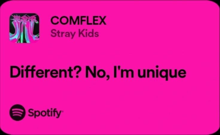 a pink card with the words, comflex stray kids different? no i'm