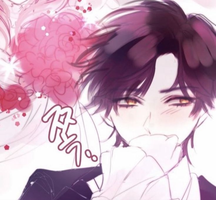 an anime character with purple hair and flowers in his hair, looking at the camera