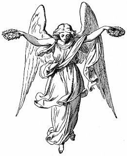 an angel with outstretched arms and wings, holding a flower in one hand while the other is