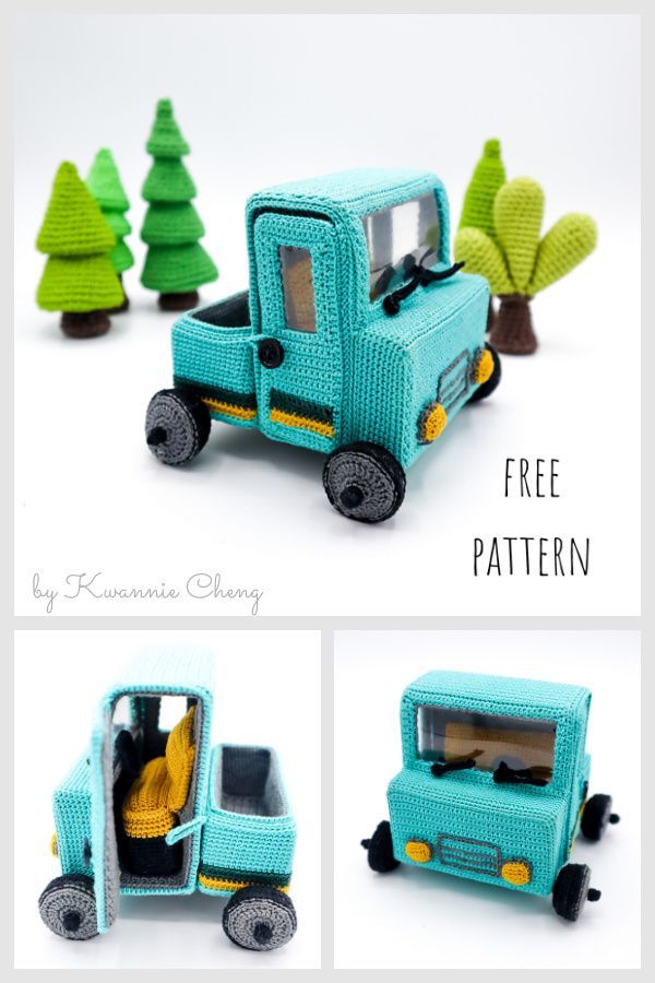 four different views of a toy truck with trees in the background and text overlay that says, free pattern