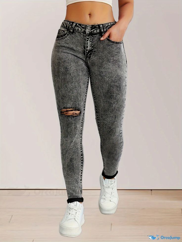 Orcajump - Plain Washed Ripped Holes Skinny Jeans, Slim Fit Distressed High Stretch Tight Jeans, Women's Denim Jeans & Clothing Distressed Mid-rise Fitted Jeggings, Ripped Fitted Jeggings For Fall, Fitted High Rise Jeans With Holes, Distressed Fitted Grunge Bottoms, Fitted High-rise Jeans With Holes, Trendy Stretch Jeans With Holes, Grunge Fitted Distressed Bottoms, Grunge Distressed Fitted Bottoms, Trendy Fitted Jeans With Holes