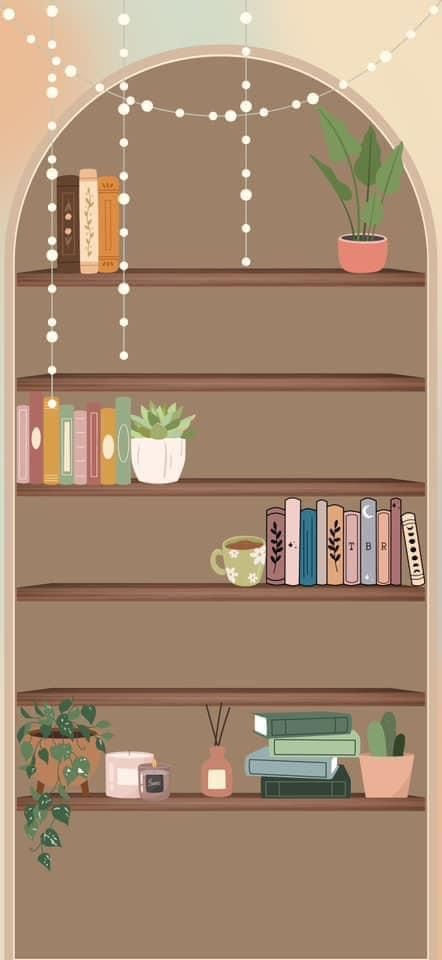 a book shelf filled with books and plants