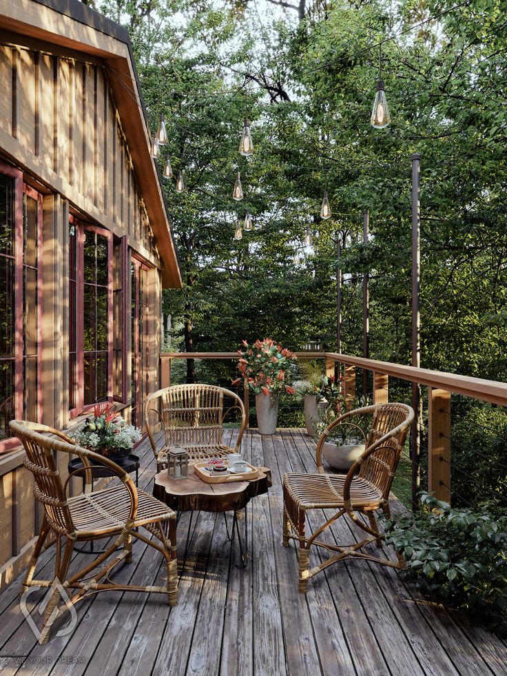 a wooden deck with chairs and tables on it