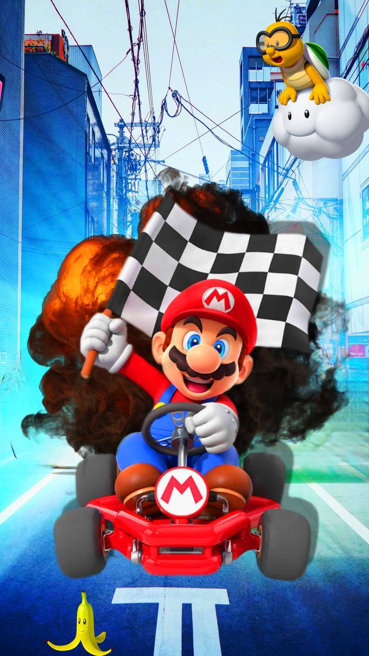 mario kart driving through the city with other characters on top of it and an animal flying above