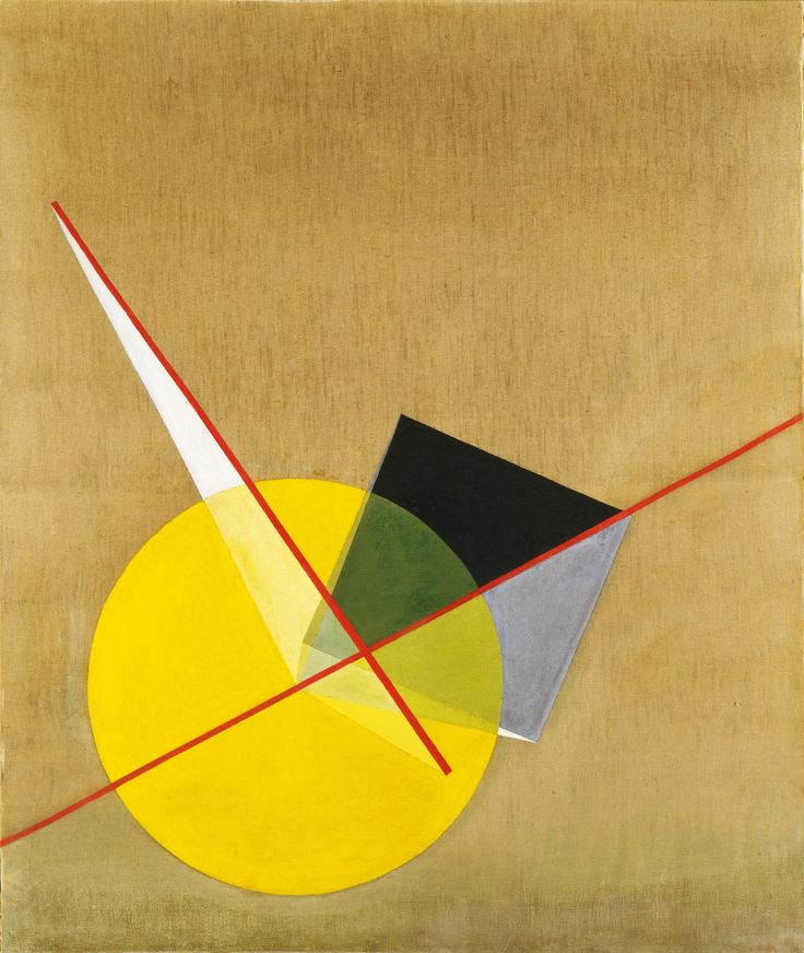 an abstract painting with yellow, black and red lines running through it's center