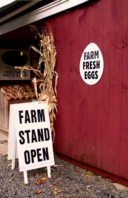 a sign that says farm stand open in front of a red building with an egg carton