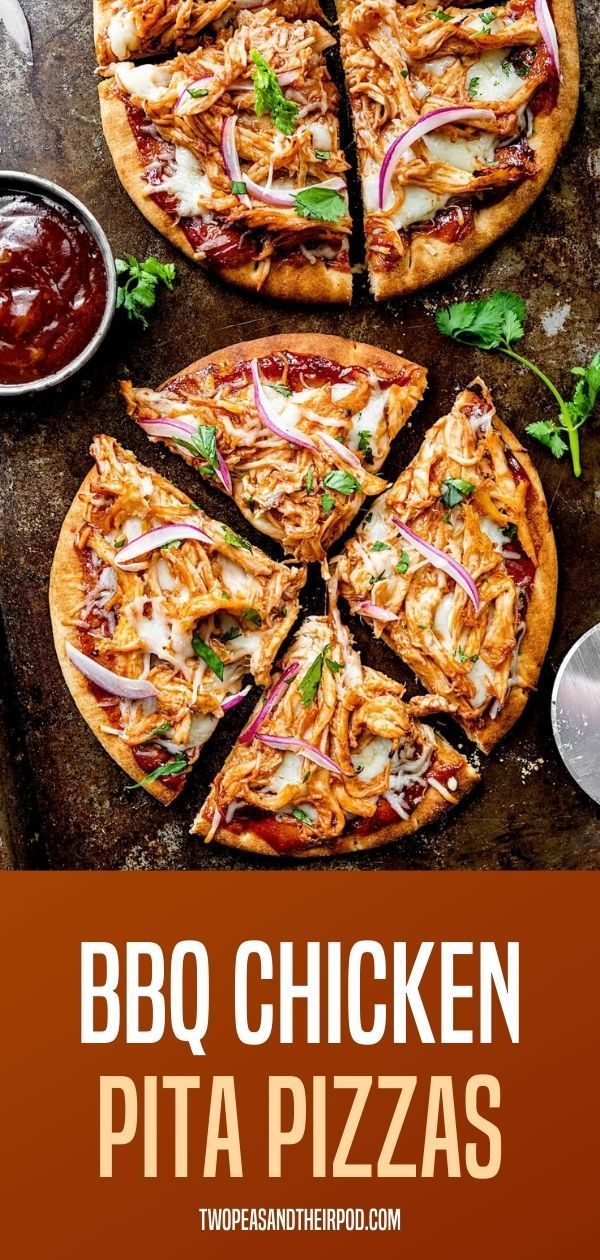 BBQ Chicken Pita Pizzas- pita bread topped with barbecue sauce, shredded chicken, mozzarella cheese, red onion, and cilantro. A fun and delicious meal that only takes 20 minutes to make! Pita Ideas Dinners, Pita Pizza Recipes Healthy, Bbq Pita Pizza, Keto Pita Pizza, Pita Bread With Chicken, Ideas For Pita Bread, Things To Eat With Pita Bread, What Can I Make With Pita Bread, Chicken In Pita Bread