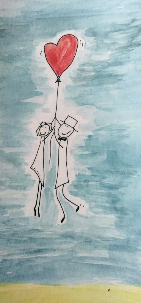 a drawing of two people holding a heart shaped balloon in the air, with water and clouds behind them