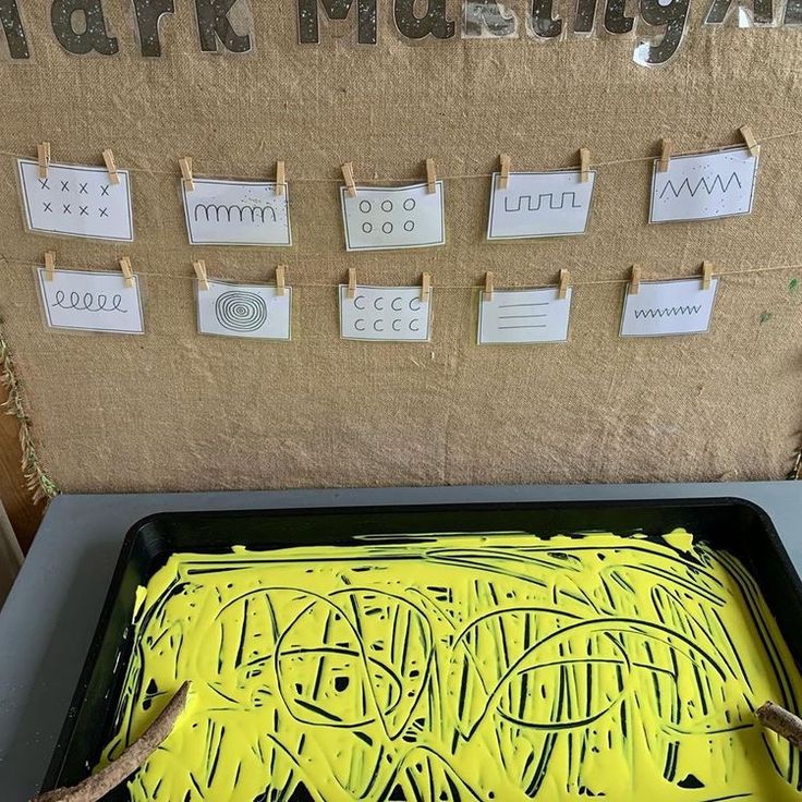 a yellow tray with writing on it next to a sign that says mark mulligan