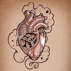 a drawing of a heart with a clock on it's side, surrounded by steampunk