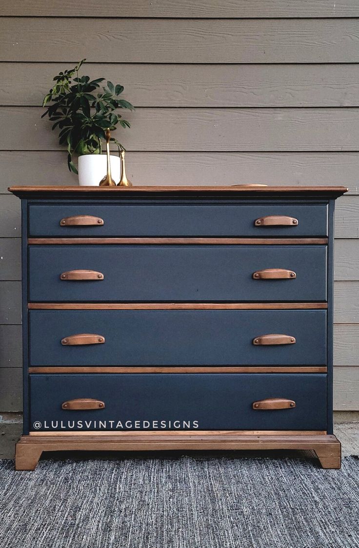 a blue dresser sitting on top of a rug next to a houseplant and potted plant