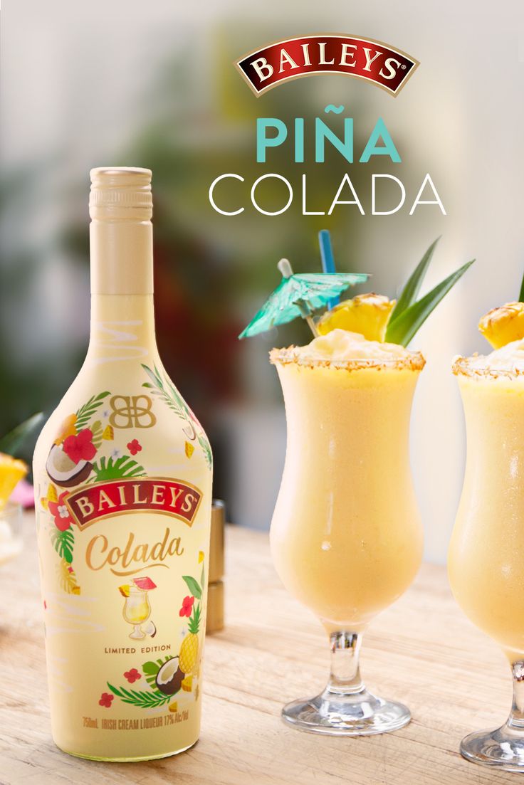 an advertisement for bailey's pina cola with pineapple garnishes