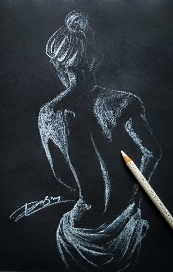 a pencil drawing of a woman's torso in white chalk on a blackboard