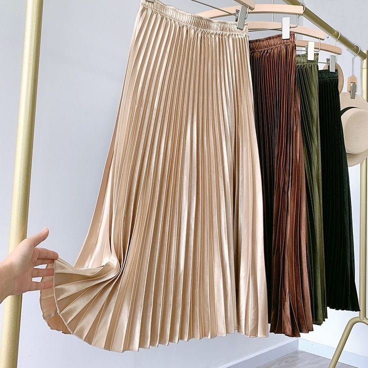 High Waist Satin Metallic Pleated Skirt | Uniqistic.com Skirt Labuh, Satin Pleated Skirt, Metallic Pleated Skirt, White Long Skirt, Rok Plisket, Pleated Long Skirt, Pleated Shirt, Long Skirts For Women, Satin Skirt