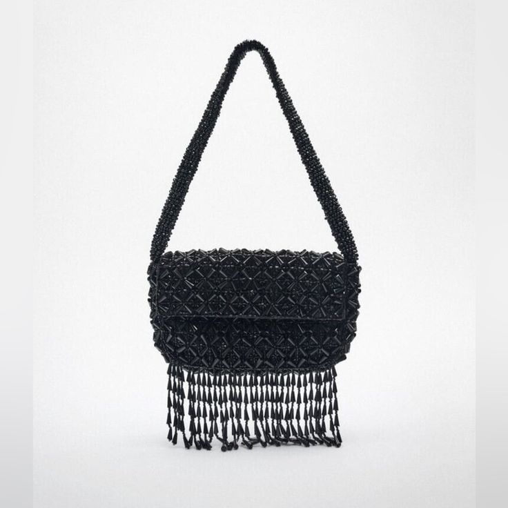 Nwt. Zara Black Beaded Fringe Shoulder Bag With Beading And Fringe. Magnetic Closure At Flap. Height X Length X Width: 5.5 X 8.3 X 1.6 Inches (14 X 21 X 4 Cm). Ref. 6365/010. Elegant Black Beaded Bags, Beaded Evening Shoulder Bag, Evening Rectangular Bag With Beaded Fringe, Evening Shoulder Bag With Beaded Fringe, Evening Rectangular Bags With Beaded Fringe, Rectangular Evening Bag With Beaded Fringe, Black Beaded Bags As Fashion Accessory, Black Beaded Bag As Fashion Accessory, Elegant Shoulder Bag With Beaded Fringe For Party