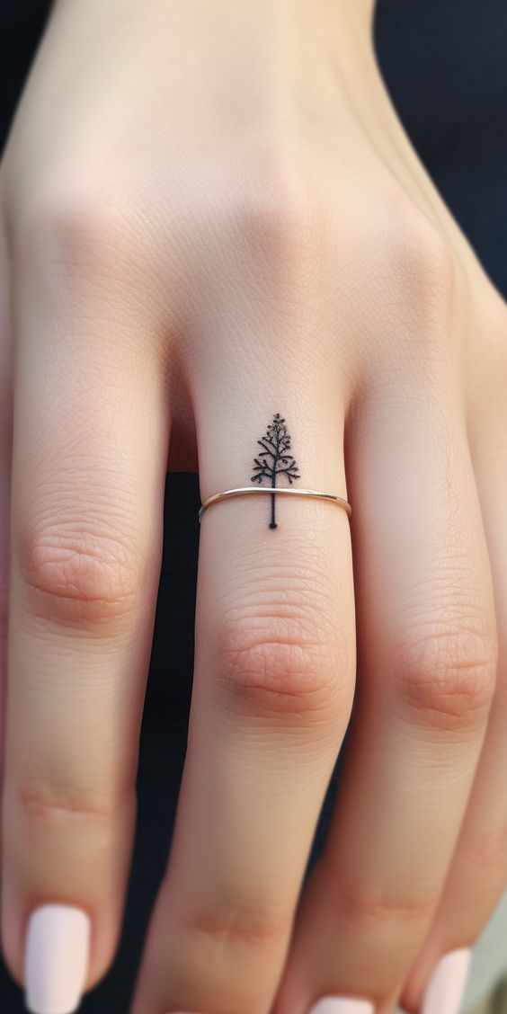 a woman's hand with a small tree tattoo on her left thumb and a ring in the middle