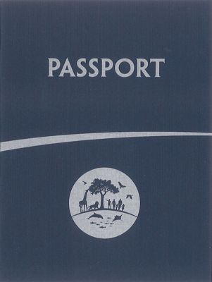 the front cover of a passport with an image of people and animals on it,