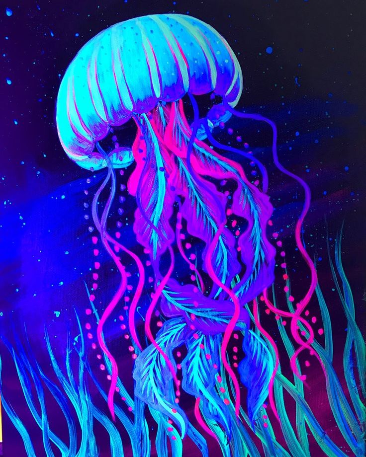 a painting of a jellyfish floating in the ocean with blue and pink colors on it's body