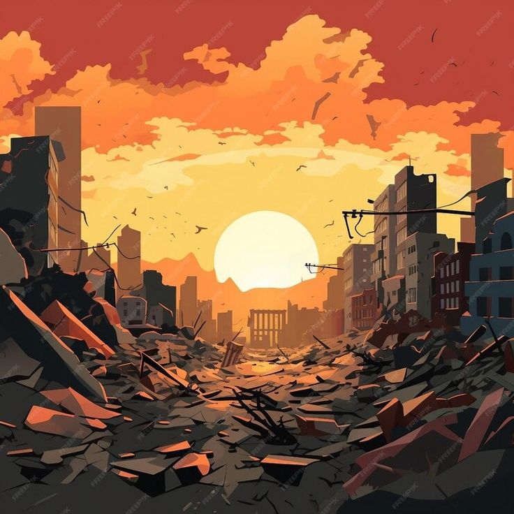 the sun is setting over a city that has been destroyed with rubble and broken buildings