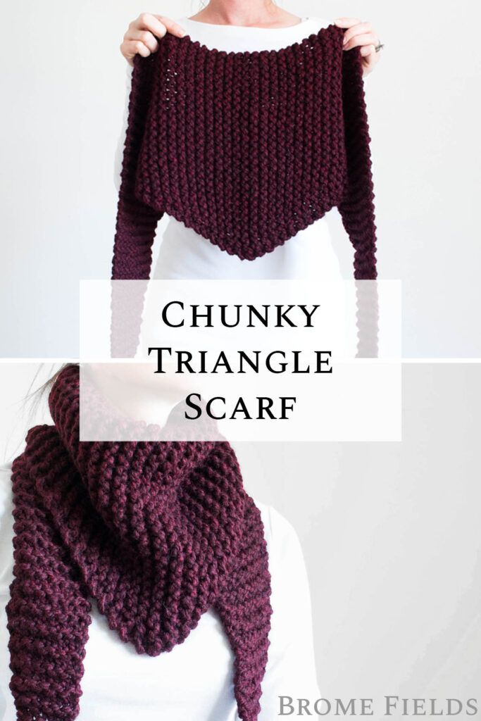 the chunk triangle scarf is knitted in dark purple yarn and has a long neck