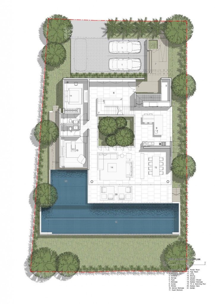 an aerial view of the ground plan for a house with swimming pool and garden area