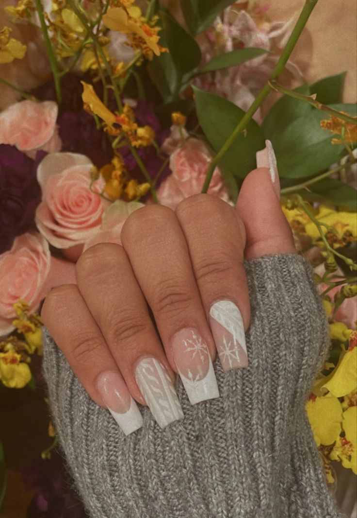 Jumper Nail Art, White French Tip Sweater Nails, White French With Snowflakes, Sweater Nails French Tip, French Sweater Nails, White Nails Snowflake, Sweater French Tip Nails, Nails Acrylic Christmas Simple, French Tips With Snowflakes