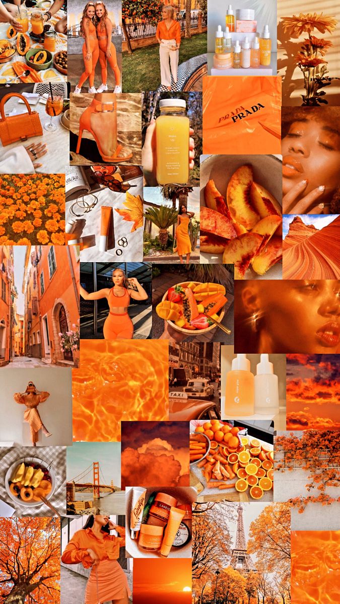 an orange collage is shown with many different pictures and colors, including the woman's face