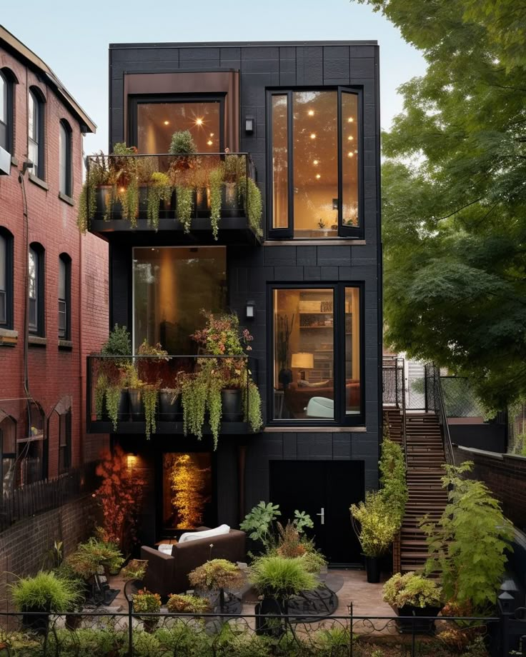 an apartment building with plants growing on the balconies