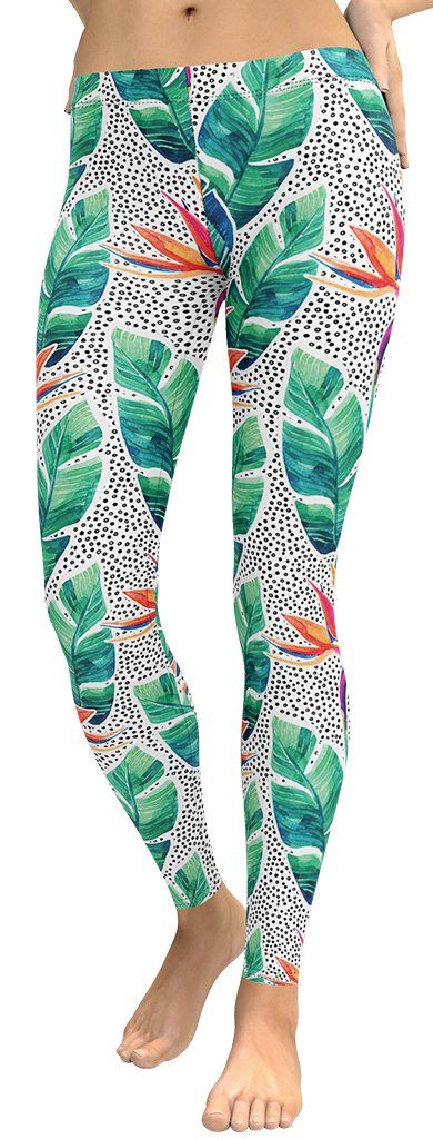 These leggings were designed with ultimate workout comfort in mind, with sweat-wicking properties and a soft, supple poly-material, to promise irritation-free training and effortless wear. Made with premium fabric that is buttery soft and four-way stretch. Designed to fit like a second skin—perfect for yoga, running or the gym. Green Tropical Printed Bottoms, Spring Green Tropical Bottoms, Green Casual Yoga Pants For Spring, Casual Green Yoga Pants For Spring, Spring Playful Green Pants, Playful Green Pants For Spring, Playful Spring Yoga Bottoms, Green Casual Summer Leggings, Casual Green Summer Leggings